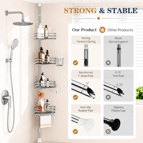 SEIRIONE Corner Shower Caddy Tension Pole, Quick Setup, Rust-Free Bathroom Shower Organizer Corner for Bathtub Shampoo Storage, 4-Tier Adjustable Shelf, Drill Free, Fits 34 to 116 Inch Height, Silver