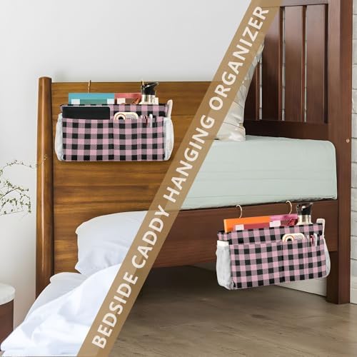 Buffalo Plaid Check Pink Print Bedside Caddy Storage Bag Bedside Organizer for Bunk Bed Headboards College Organizer Caddy Hanging Shelf 6 Pockets with Hooks for Drinks Magazine Phone Holder