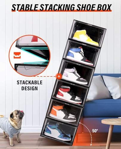 KDOR Shoe Boxes Black Plastic Stackable 10 Pack Sneaker Storage Boxes with Magnetic Door, Acrylic Display Case, Strong and Sturdy Fit Shoe Size Up to US 15(Side 10 PACK BLACK)