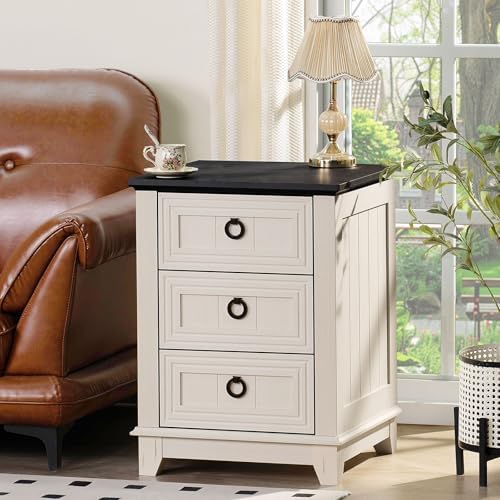 Joaxswe Farmhouse Nightstand, 18'' End Table with 3 Drawer Metal Handle | Sofa Bed Side Table with 3 Drawers, White Night Stand Cabinet for Organizer Bedroom Living Room
