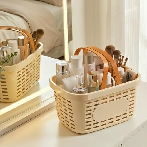Plastic Shower Caddy Portable,Tote Storage Organizer Basket Bin with Handle for Bathroom,Dorm,College,Camp,Travel,2 Pack,Cream