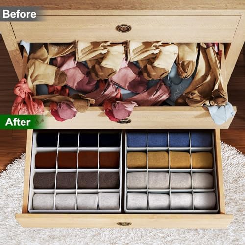 joyoldelf Sock Drawer Organizer Divider Underwear Organizer 16-cell Fabric Dresser Drawer Organizers Storage Boxes for Socks Lingerie, Handkerchiefs, Ties 4 Pack (Grey)