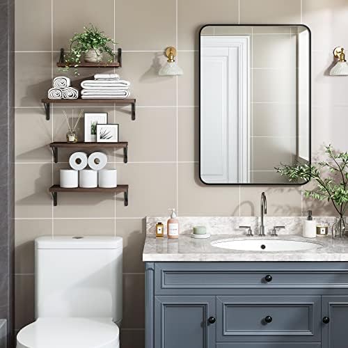 YGEOMER 4 Different Sizes Floating Shelves for Wall Decor, Dark Carbonized | Rustic wood shelves in mixed sizes for flexible combined storage. Fits bathroom, kitchen, living room, bedroom and office.