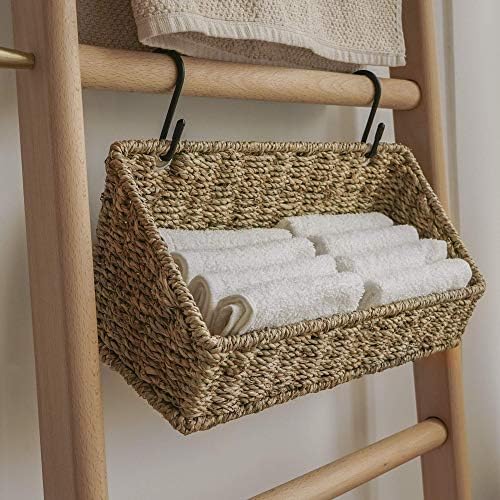 StorageWorks Woven Wall Baskets for Storage, Hanging Baskets for Organizing | Wicker Seagrass Baskets for Shelf, Hanging Basket with Hooks, Wall Mounted Basket Storage for Kitchen and Bathroom, 2 Pack