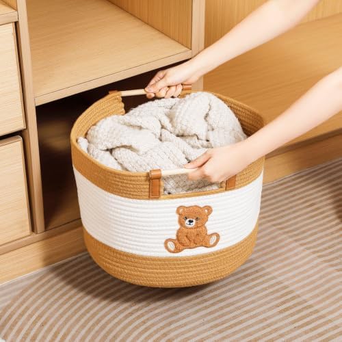Large Blanket Basket 35L Cotton Rope Baskets with Wooden Handles Woven Baskets for Kids Stuffed Animal Toys Storage for Nursery, Laundry Hamper Clothes Baby Hamper Boys Gift Basket Empty, (Bear)