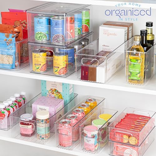 primebox Plastic Clear Stackable Storage Bins with Lids. Great for Pantry or Kitchen Organization. Fridge Organizer Containers. Cabinet, Bathroom Organizer. 6 Pack
