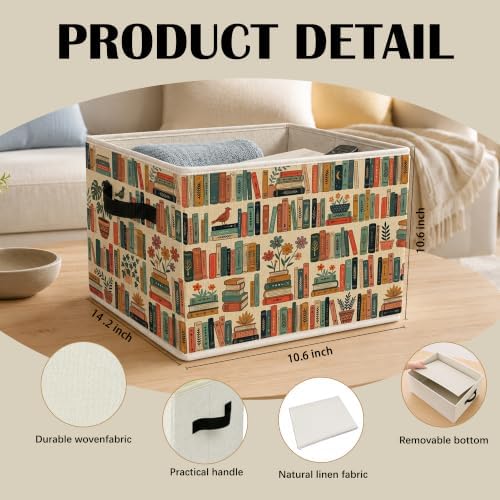 Vintage Cottagecore Bookshelf Book Storage Bins with Handles, Bookish Collapsible Laundry Basket Organizer for Library Reading Room, Book Lover Reader Gifts Decorative Storage Boxes