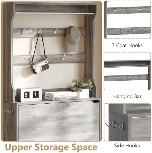 Wodeer Tall Shoe Cabinet with Coat Rack, Hidden Shoe Storage Cabinet with Doors & Drawer, Hanging Bar & Hooks, Slim Narrow Freestanding Shoe Rack Organizer for Entryway, Hallway & Living Room, Grey