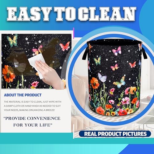 Colorful Butterflies Flowers Laundry Basket Oxford Cloth 18.9 x 16.5 Inch