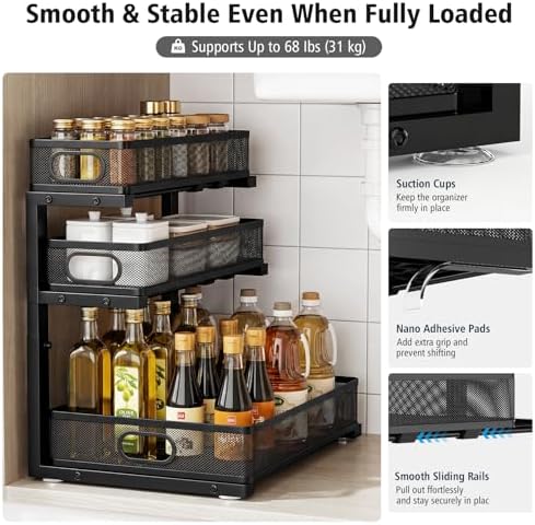 Under Sink Organizer, 3 Tier Pull Out Cabinet Organizer with 5 Adjustable Heights, Metal Under Sink Storage with Sliding Drawers for Kitchen, Bathroom, Pantry and Laundry Room, 2-Pack Black