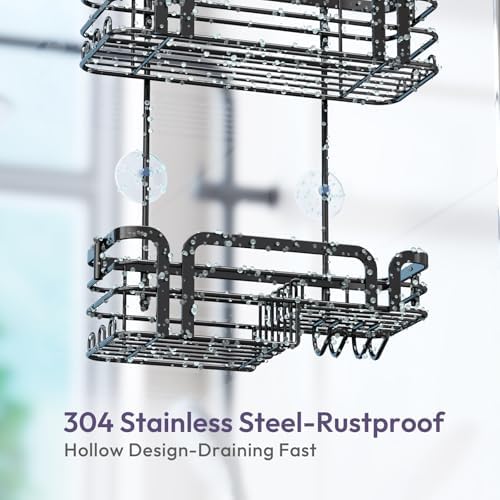 SWTYMIKI Shower Caddy Hanging Organizer - Over the Door Shower Caddy with Soap Holder, 11 Hooks, 2 Installation Ways, Stainless Steel Rustproof Bathroom Organizer, Black