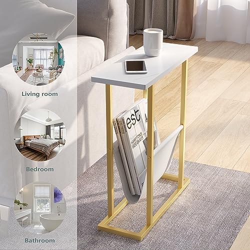 Yusong Small Narrow Side Table for Small Spaces, 17.7" W Slim End Table Magazine Table Nighstand with Storage Holder, Accent Skinny Snack Couch Bedside Table, Gold White, Complete Iron Pipes
