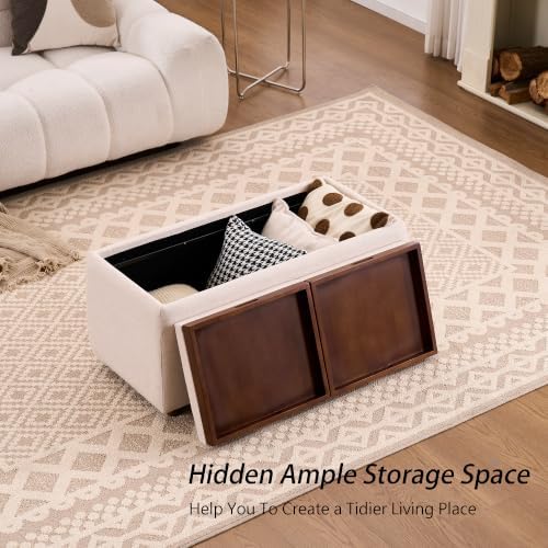 35" Linen Rectangle Storage Ottoman Coffee Table with Tray, Beige