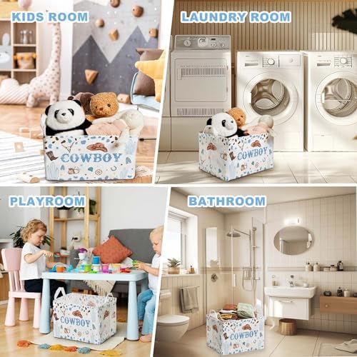 Western Basket for Cowboy Nursery Decor Boy, Blue White Brown Western Toy Bin, Cowboy Baby Shower Decorations, Large Squarecanvas Laundry Hamper With A Waterproof PECoating, Foldable