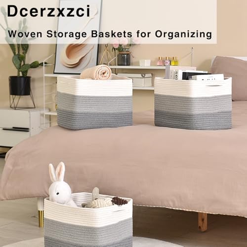 Storage Baskets for Organizing Shelves, Woven Cotton Rope Basket for Storage, Dog Toy Baskets Storage Kids, Book Bins for Living Room Bedroom, 14.8"×11"×9.5", Pack of 3, Gradient Grey