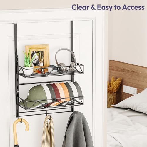 SWTYMIKI Over Door Hat Organizer - 3 Tier Wall Mounted Hat Rack with 2 Adjustable Metal Basket and 3 Hooks, Hanging Baseball Cap Organizer Storage Holds up to 29 Caps for Door, Bedroom, Closet