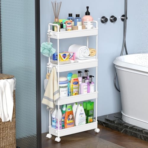 SOLEJAZZ Slim Rolling Storage Cart Skinny Bathroom Organizer, 4 Tier, White
