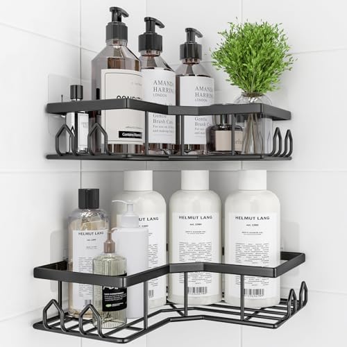 Adhesive Shower Caddy, 2 Pack Corner Bath Organizer, Rustproof Stainless Steel Shower Shelves with Large Capacity, No Drilling Shelves for Bathroom Storage, Home, Kitchen Décor(XL-Black)