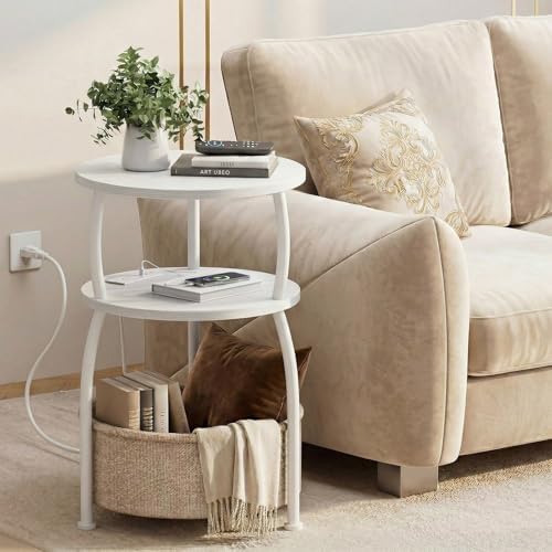 Round Side Table with Charging Station, USB Type C Port, White | Small Table with Storage Basket,Tall Side Table for Sofa,Small Spaces, Nightstand for Living Room Bedroom, 15.75in