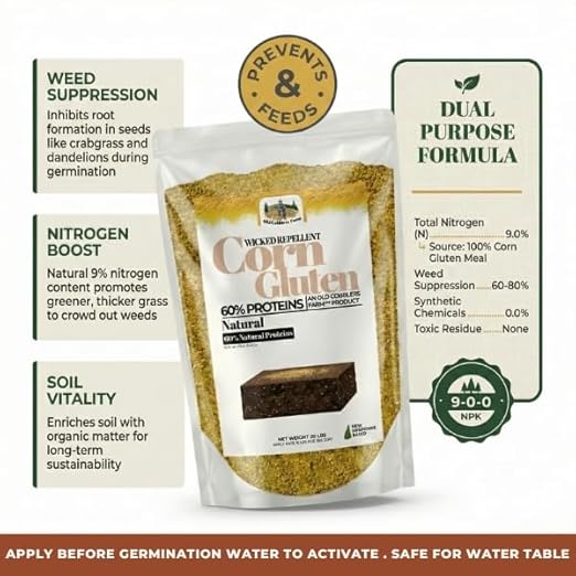 Old Cobblers Farm™ Wicked Repellent Corn Gluten - Lawn Care for Healthy Grass,Pre-emergant, Ground-Breaking Formula with Pure Corn Gluten (5/10/15/20 lbs) (20 lbs) (15 lbs)