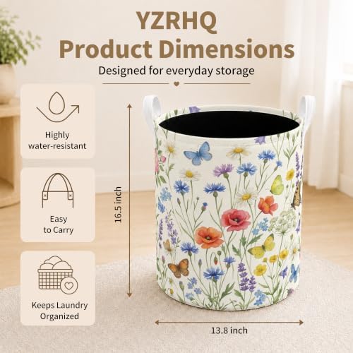 Vintage Wildflower Laundry Basket, Cottagecore Floral Butterfly Waterproof Laundry Hamper Clothes Toys Storage Organizer Bin for Bathroom Bedroom Nursery