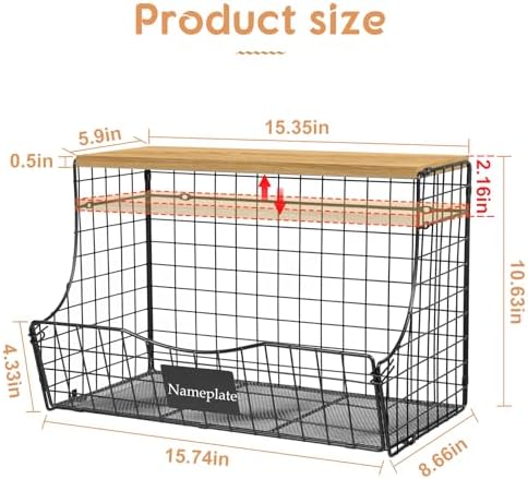 3 Pack Extra Large Fruit Basket for Kitchen with Wood Lid Nameplate - Counter&Wall Mounted Onion and Potato Storage Bin, Stackable Metal Hanging Wire Baskets,15.74 * 8.66 * 10.63 inch