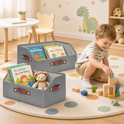 Bagnizer Closet Organizers and Storage, Linen Trapezoid Storage Bins with Handles, Collapsible Shelf Organizer for Blanket, Towel, Clothes, Hats, Purse (Gray)