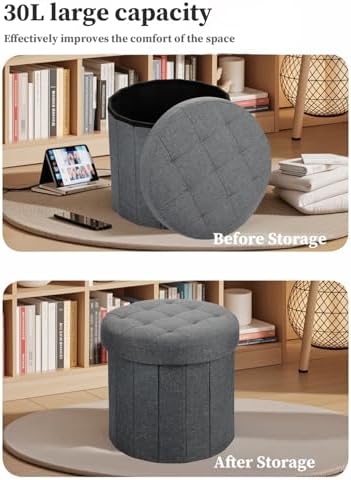 Bsketa Round Storage Ottoman, 14" Folding Linen Foot Rest Stool, Dark Gray | Round Poufs with Thicker Foam Padded Seat Small Linen, Livingroom, Dorm, Bedroom, Easy to install,14 x 14 x 13in