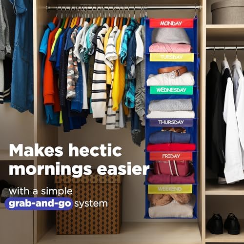 Kids Hanging Closet Organizer 6-Shelf with Day-of-Week Labels Blue