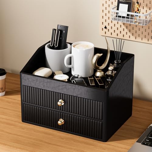 LADSTAG Office Supplies,Black Vegan Leather Office Organization with 2 Drawers & Tray,Glasses Holder with Gold-Tone Metal Accents Knob for End Tables,Bedside Table,Bedroom