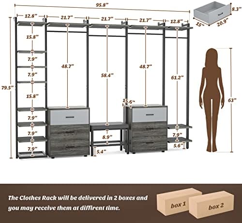 Aheaplus Closet System with 6 Drawers, 8FT Wood Closet Organizer, Black