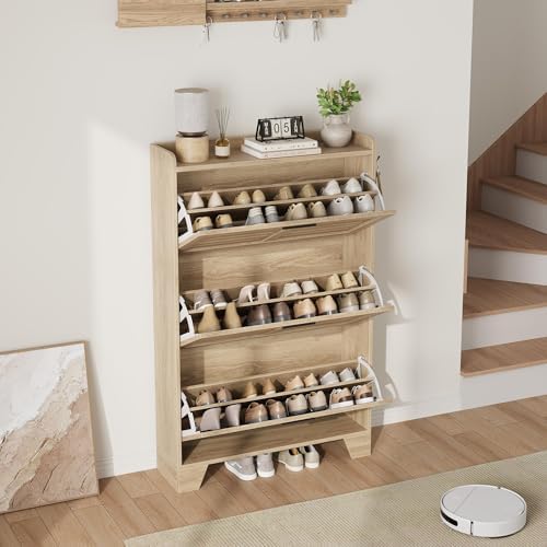IDEALHOSUE Shoe Cabinet Storage for Entryway, Slim Shoe Storage Cabinet with 3 Flip Drawers, Freestanding Hidden Narrow Shoe Organizer Cabinet with Hooks for Entrance, Foyer, Hallway, Light Oak