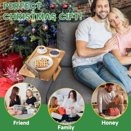 Youpehom Bamboo Sofa Tray,Couch Arm Table, Clip-On Armrest Tray Table for Wide Couch Foldable Tray with 360° Phone Holder Couch Arm Tray for Eating/Drinks/Snacks/Remote