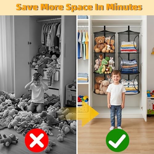 2Pcs Hanging Stuffed Animal Storage Hammock Net 3 Tiers, Black