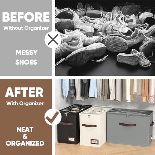 OIAHOMY 4 Pack Shoe Organizer for Closet, Foldable Shoe Storage Bins with Adjustable Dividers, Stackable Oxford Cloth Sneaker Boxes for Entryway Bedroom, Fits Up to 32 Pairs, Beige