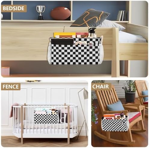 Black White Checkerboard Print Bedside Caddy Storage Bag Bedside Organizer for Bunk Bed Headboards College Organizer Caddy Hanging Shelf 6 Pockets with Hooks for Drinks Magazine Phone Holder