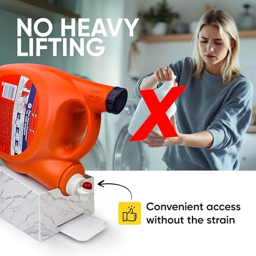 Skywin TidyFriend No-Spill Liquid Laundry Detergent Dispenser Holder, Laundry Soap Dispenser Holder with Drip Tray for Laundry Room Organization (White Marble)