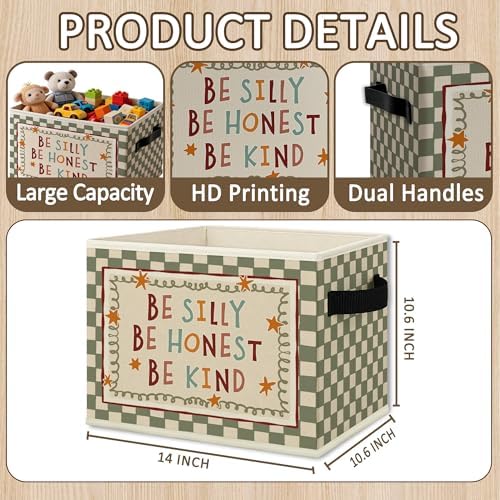 Inspirational Kids Cube Storage Bins with Handles, Be Silly Honest Kind Nursery Collapsible Fabric Storage Basket Boxes Toys Books Clothes Organizer for Girls Boys Room Bedroom Playroom
