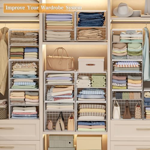 4-Tier Stackable Closet Organizers and Storage Shelves, Closet Storage Basket with Wood Tops, Adjustable Height Dividers Closet Storage Bins for Home Closet Organizer System, White (15.7"x11.8"x15.7")