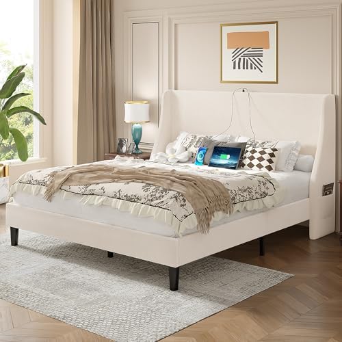 VECELO Queen Bed Frame with Upholstered Wingback Headboard, Heavy-Duty Platform Bedframe with Charging Station, Wooden Slats, No Box Spring Needed, Cream Beige