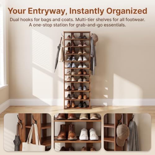 HOMEFORT 10-Tier Corner Shoe Tower - Double Rows, Slim Shoe Stand for 20 Pairs - Entryway, Hallway, Closet (Walnut)