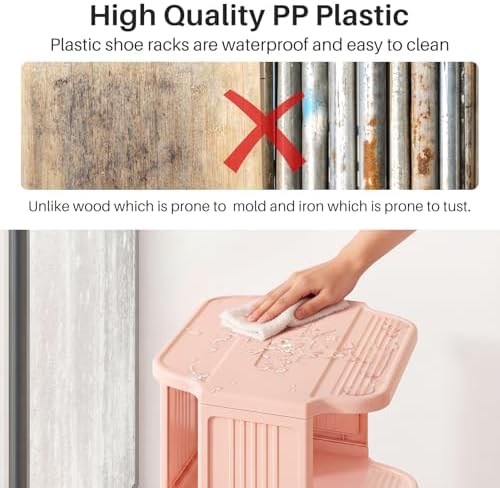 Kitstorack 8-Tier Vertical Plastic Shoe Rack, Freestanding Stackable Shoe Storage Organizer Cubes Shoe Shelf Tower or Small Closets and Tight Spaces, Pink