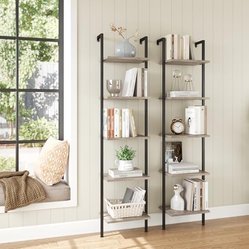 ELYKEN Ladder Shelf, 5-Tier Wood Wall Mounted Ladder Bookshelf | Leaning Storage Shelves with Metal Frame, Vintage Open Display Organizer Rack for Living Room, Bedroom, Home Office, Greige