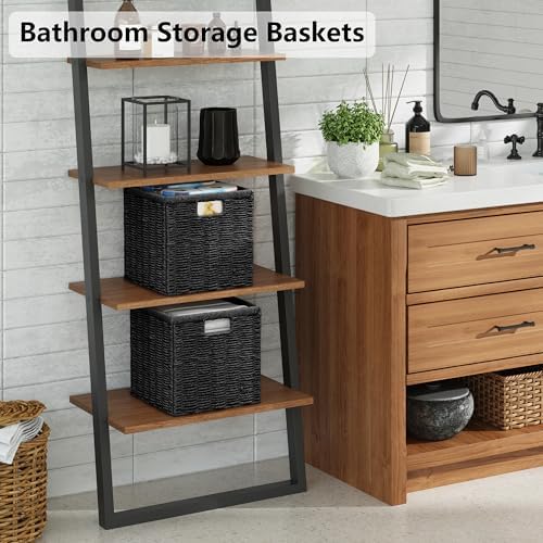 Vagusicc 9 inch Wicker Storage Cubes, Set of 2 Handwoven Wicker Baskets for Storage, Square Cube Organizer Bins, Foldable Paper Rope Storage Baskets for Organizing, Black