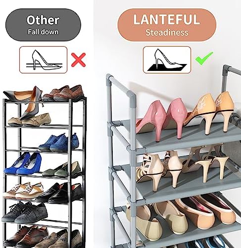 LANTEFUL 10 Tiers Tall Shoe Rack 20-25 Pairs Boots Organizer Storage Sturdy Narrow Shoe Shelf for Entryway, Closets with Hooks, Grey