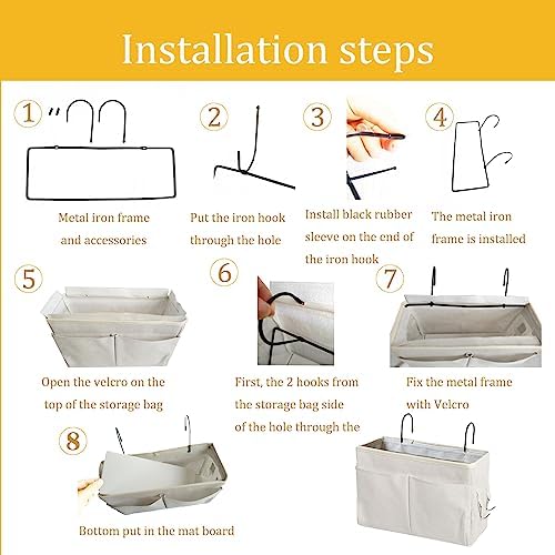 Bedside Caddy Organizer - Bedside Hanging Storage Bag with Hooks, Dorm Essentials Caddy for Bunk Bed & Dorm Bed Rails, Holds Books, Phones, Tablets, Glasses, Water Bottles & More (White 2 Pack)
