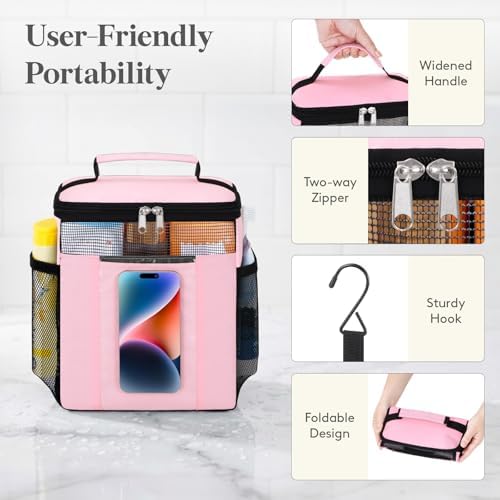 Lifewit Mesh Shower Caddy, Hanging Bathroom Organizer with PVC Phone Bag | Quick Dry, Portable, Toiletry Tote Bag, College Dorm Room Essentials for Travel, Gym, Camping, Medium, Pink