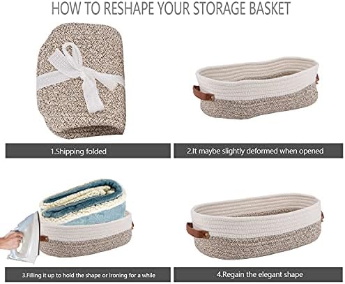 2 Pack Woven Storage Basket for Toilet Tank Top,Farmhouse Home Decor Organizing Basket for Bathroom,Table and Counter 13"x5.9"x4" Apricot Stitching White