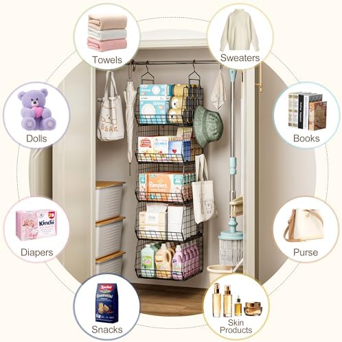 Capacity Upgrade Edition Deeper 4'' 5 Tier Foldable Hanging Closet Organizer and Storage,Wire Cabinet Shelves and Rack with 5 S Hooks,Stackable Metal Basket Bins for Clothes Shoe Purse,Black