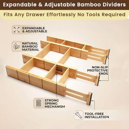 6 Pack Bamboo Drawer Dividers with 12 Inserts, Adjustable 17ā22 Inch Expandable Drawer Organizer for Kitchen, Dresser & Closet, Bamboo Kitchen Drawer Organizer, Drawer Divider Set